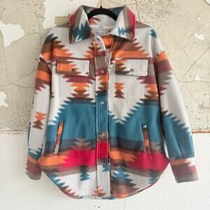 Aztec Fleece Jacket Southwestern Print Oversized Shacket Button Up Womens XS